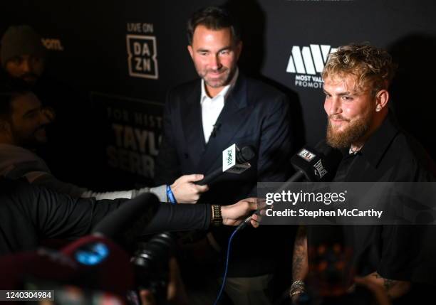 New York , United States - 28 April 2022; Promoters Jake Paul and Eddie Hearn, left, during a media conference, held at the Hulu Theatre at Madison...