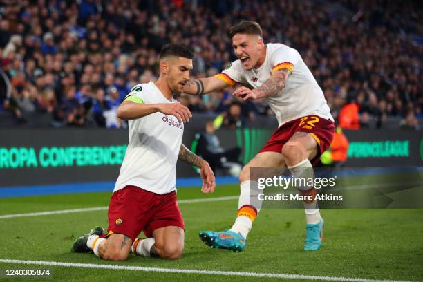 Lorenzo Pellegrini of Roma celebrates scoring the opening goal with Nicolo Zaniolo during the UEFA Conference League Semi Final Leg One match between...