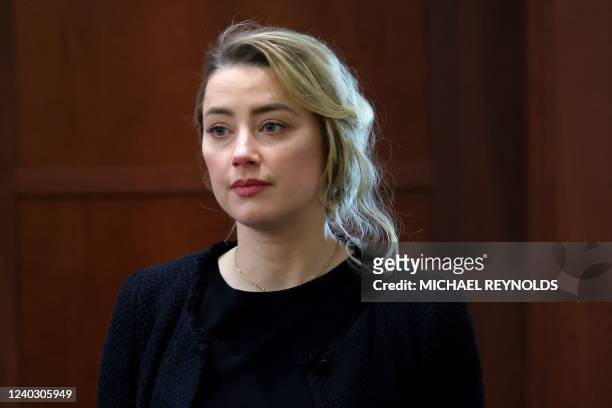 Actress Amber Heard during the 50 million US dollar Depp vs Heard defamation trial at the Fairfax County Circuit Court in Fairfax, Virginia, on April...