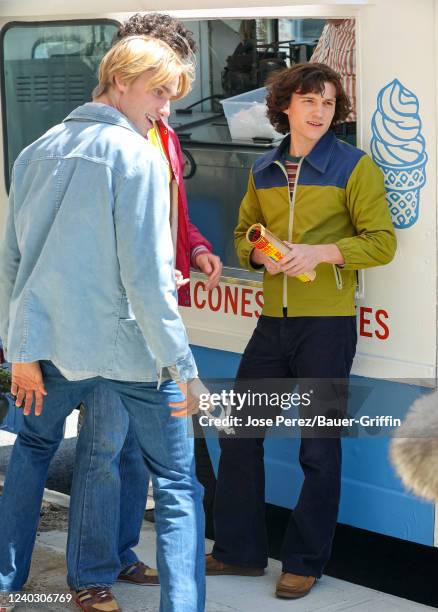 Levon Thurman-Hawke and Tom Holland are seen on the set of "The Crowded Room" on April 28, 2022 in New York City.