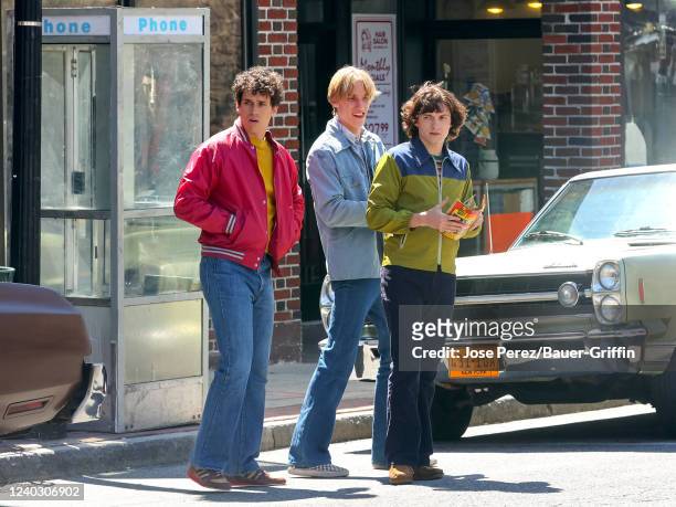 Sam Vartholomeos, Levon Thurman-Hawke and Tom Holland are seen on the set of "The Crowded Room" on April 28, 2022 in New York City.