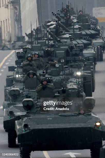 Russian military vehicles attend rehearsal of Victory Day military parade marking the 77th anniversary of the victory over Nazi Germany in World War...