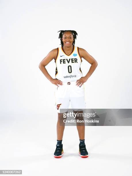 Kelsey Mitchell of the Indiana Fever poses for a portrait during Media Day at Gainbridge Fieldhouse on April 27, 2022 in Indianapolis, Indiana. NOTE...