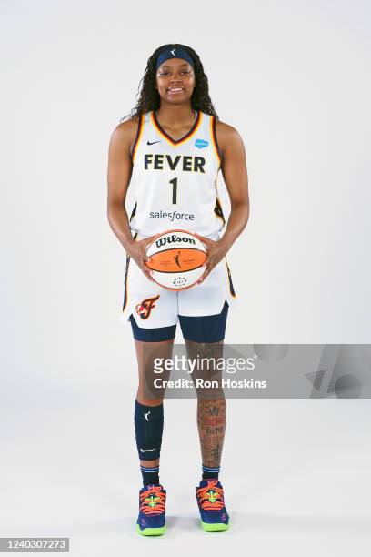 NaLyssa Smith of the Indiana Fever poses for a portrait during Media Day at Gainbridge Fieldhouse on April 27, 2022 in Indianapolis, Indiana. NOTE TO...