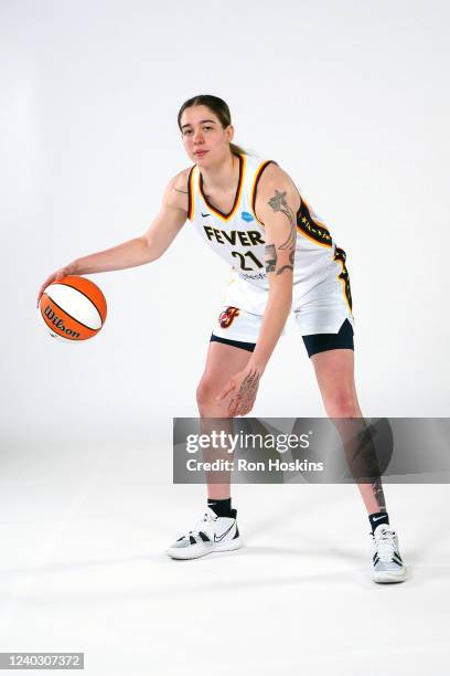 Emily Engstler of the Indiana Fever poses for a portrait during Media Day at Gainbridge Fieldhouse on April 27, 2022 in Indianapolis, Indiana. NOTE...