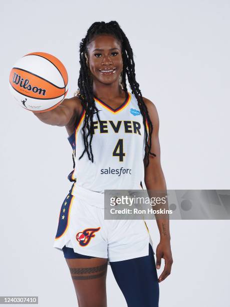 Queen Egbo of the Indiana Fever poses for a portrait during Media Day at Gainbridge Fieldhouse on April 27, 2022 in Indianapolis, Indiana. NOTE TO...