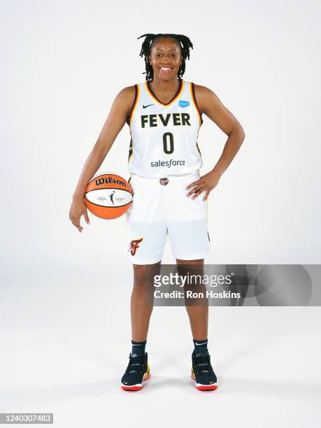 Kelsey Mitchell of the Indiana Fever poses for a portrait during Media Day at Gainbridge Fieldhouse on April 27, 2022 in Indianapolis, Indiana. NOTE...
