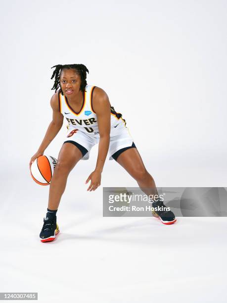 Kelsey Mitchell of the Indiana Fever poses for a portrait during Media Day at Gainbridge Fieldhouse on April 27, 2022 in Indianapolis, Indiana. NOTE...