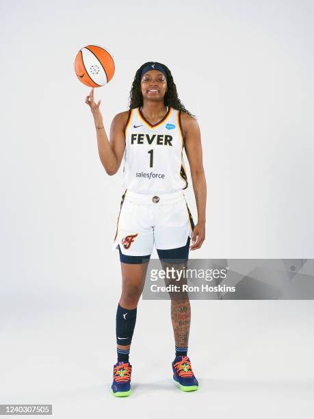 NaLyssa Smith of the Indiana Fever poses for a portrait during Media Day at Gainbridge Fieldhouse on April 27, 2022 in Indianapolis, Indiana. NOTE TO...