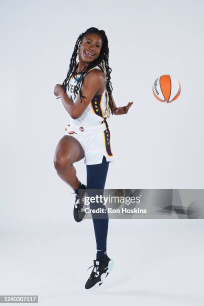 Queen Egbo of the Indiana Fever poses for a portrait during Media Day at Gainbridge Fieldhouse on April 27, 2022 in Indianapolis, Indiana. NOTE TO...