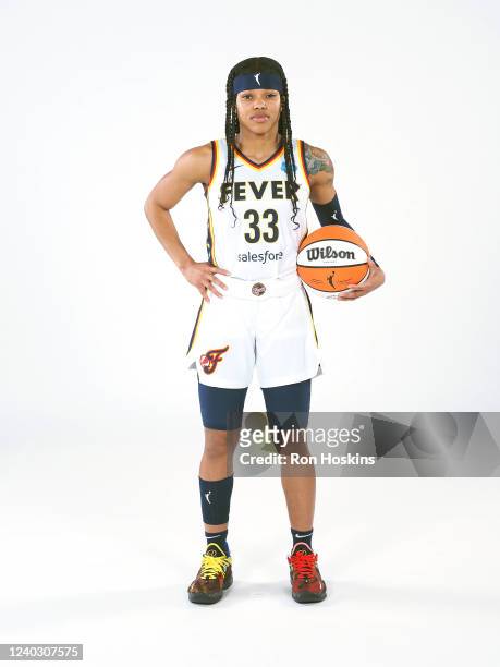 Destanni Henderson of the Indiana Fever poses for a portrait during Media Day at Gainbridge Fieldhouse on April 27, 2022 in Indianapolis, Indiana....