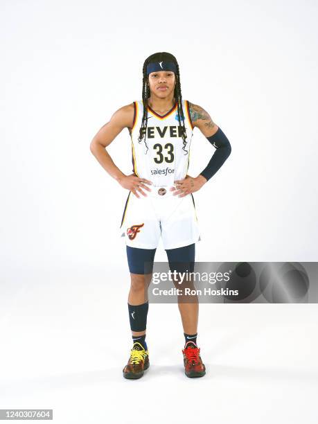 Destanni Henderson of the Indiana Fever poses for a portrait during Media Day at Gainbridge Fieldhouse on April 27, 2022 in Indianapolis, Indiana....