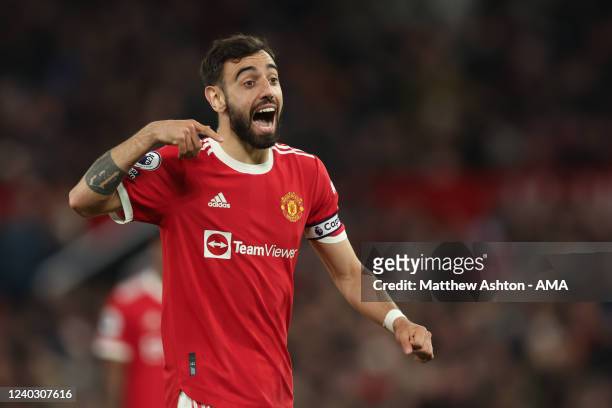 Bruno Fernandes of Manchester United during the Premier League match between Manchester United and Chelsea at Old Trafford on April 28, 2022 in...