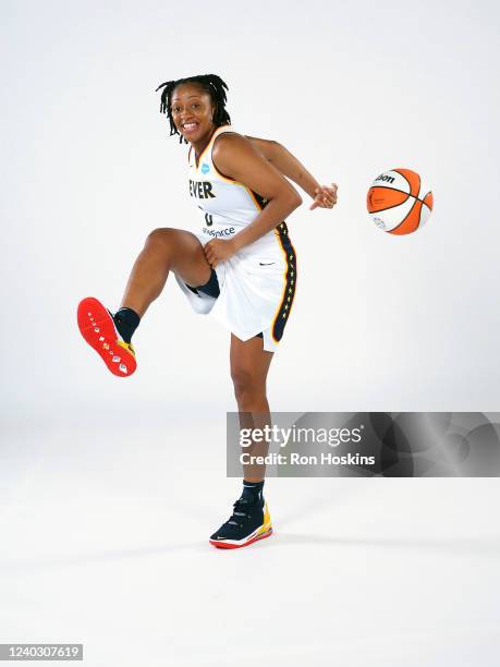 Kelsey Mitchell of the Indiana Fever poses for a portrait during Media Day at Gainbridge Fieldhouse on April 27, 2022 in Indianapolis, Indiana. NOTE...