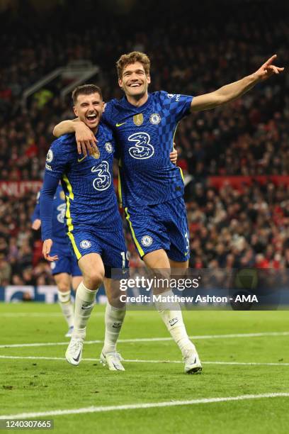 Marcos Alonso of Chelsea celebrates after scoring a goal to make it 0-1 during the Premier League match between Manchester United and Chelsea at Old...