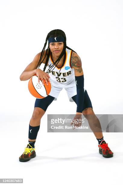 Destanni Henderson of the Indiana Fever poses for a portrait during Media Day at Gainbridge Fieldhouse on April 27, 2022 in Indianapolis, Indiana....