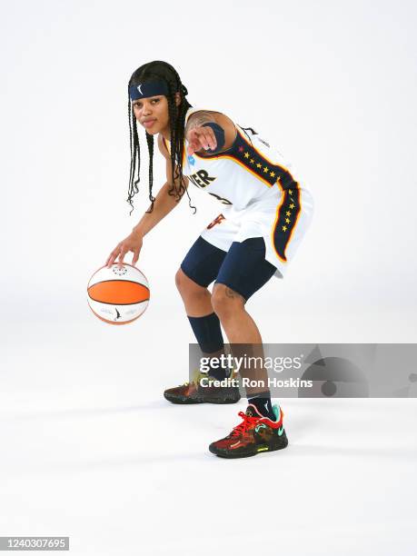 Destanni Henderson of the Indiana Fever poses for a portrait during Media Day at Gainbridge Fieldhouse on April 27, 2022 in Indianapolis, Indiana....