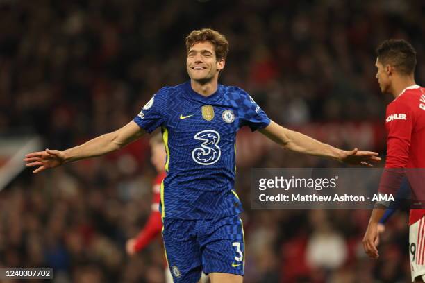 Marcos Alonso of Chelsea celebrates after scoring a goal to make it 0-1during the Premier League match between Manchester United and Chelsea at Old...