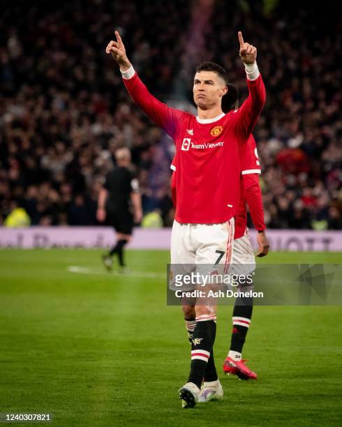 Cristiano Ronaldo of Manchester United celebrates scoring a goal to make the score 1-1 during the Premier League match between Manchester United and...
