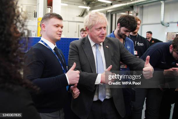 Prime Minister Boris Johnson meets students during a campaign visit to Burnley College Sixth Form Centre on April 28, 2022 in Burnley, Lancashire.