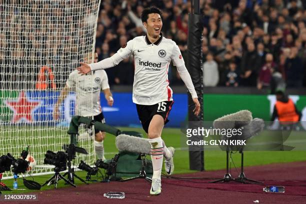 Frankfurt's Japanese midfielder Daichi Kamada celebrates scoring the team's second goal during the UEFA Europa League semi-final first leg football...