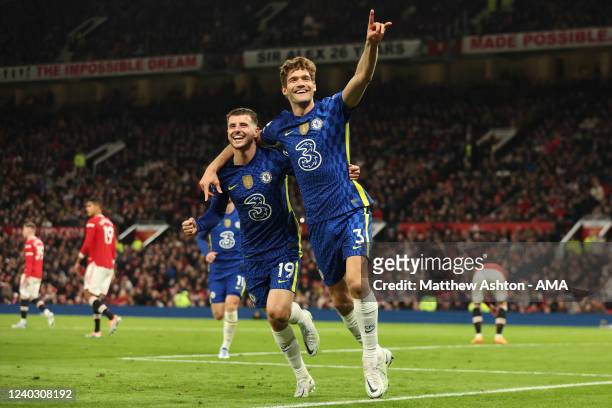 Marcos Alonso of Chelsea celebrates after scoring a goal to make it 0-1 during the Premier League match between Manchester United and Chelsea at Old...
