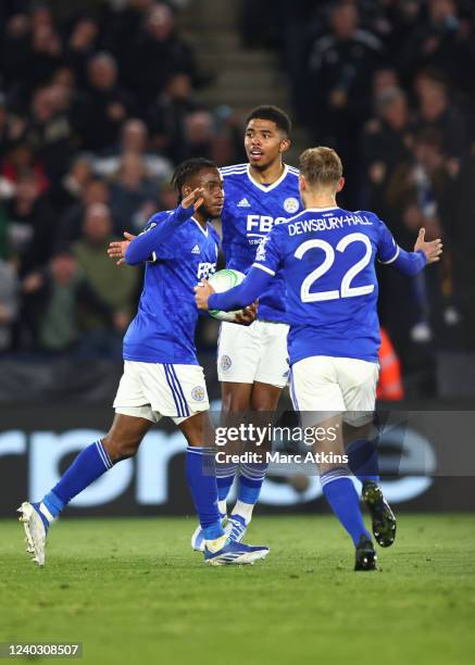 Ademola Lookman of Leicester City celebrates scoring the equalising goal with Wesley Fofana and Kiernan Dewsbury-Hall during the UEFA Conference...