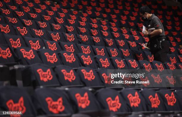 Toronto Raptors t-shirts are laid out for fans ahead of the game as the Toronto Raptors play the Philadelphia 76ers in Game 6 of their first round...