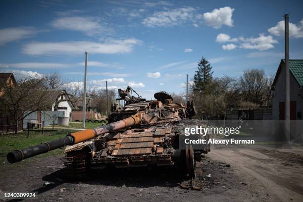Destroyed Ukrainian tank on April 28, 2022 in Zahaltsi, Ukraine. The towns around Kyiv are continuing a long road to what they hope is recovery,...