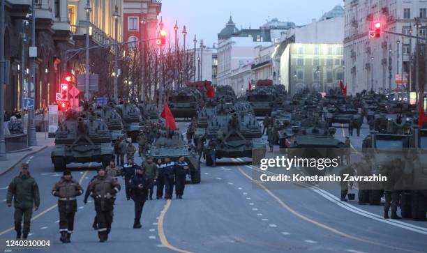 Military vehicles seen during the Victory Day Parade rehearsals at Tverskaya street, on April 28, 2022 in Moscow, Russia. The Red Square Victory Day...