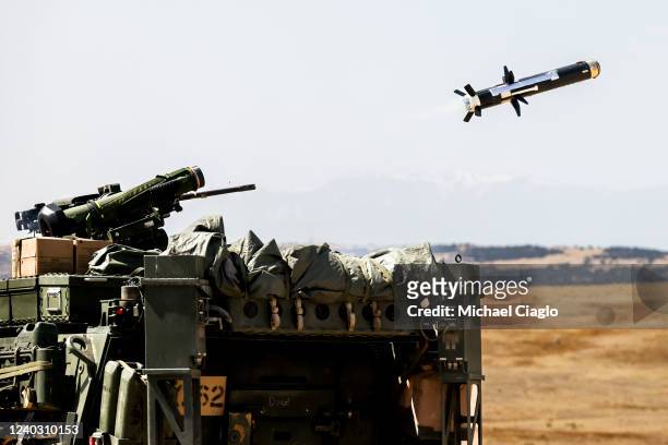 Javelin missile fired by soldiers with the 2nd Stryker Brigade Combat Team heads toward a target during a live-fire training exercise on April 28,...