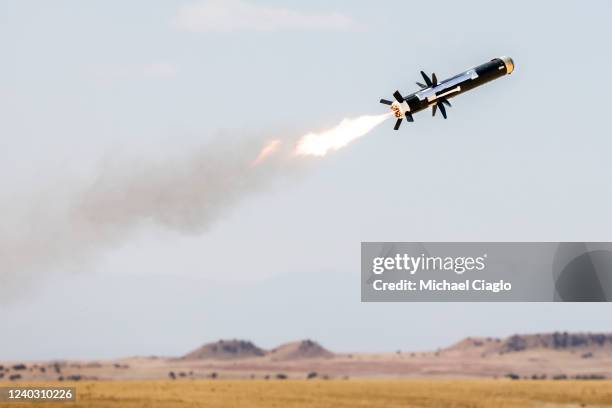 Javelin missile fired by soldiers with the 2nd Stryker Brigade Combat Team heads toward a target during a live-fire training exercise on April 28,...