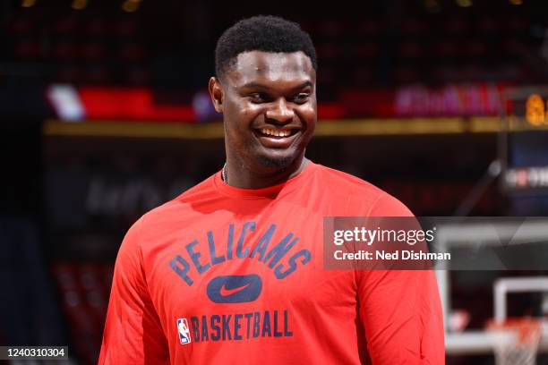 Zion Williamson of the New Orleans Pelicans smiles before Round 1 Game 6 of the 2022 NBA Playoffs on April 28, 2022 at the Smoothie King Center in...