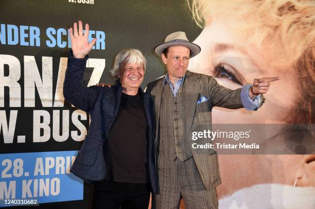 Director Andreas Dresen and Alexander Scheer attend the "Rabiye Kurnaz gegen George W. Bush" premiere at Kino International on April 28, 2022 in...