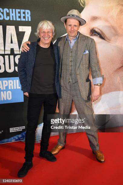 Director Andreas Dresen and Alexander Scheer attend the "Rabiye Kurnaz gegen George W. Bush" premiere at Kino International on April 28, 2022 in...