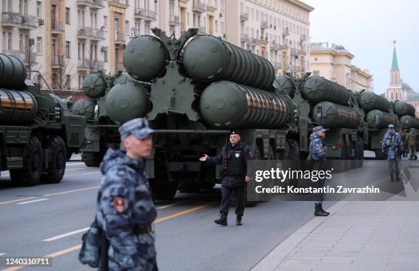 Military vehicles are shown during the Victory Day parade rehearsals at Tverskaya street April 28, 2022 in Moscow, Russia. The Red Square Victory Day...