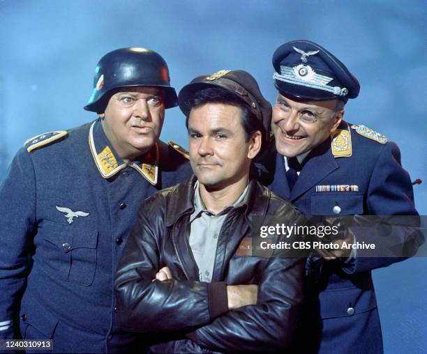 John Banner stars as Sargeant Hans Schultz, Bob Crane as Colonel Robert Hogan, and Werner Klemperer as Colonel Wilhelm Klink, in the CBS television...