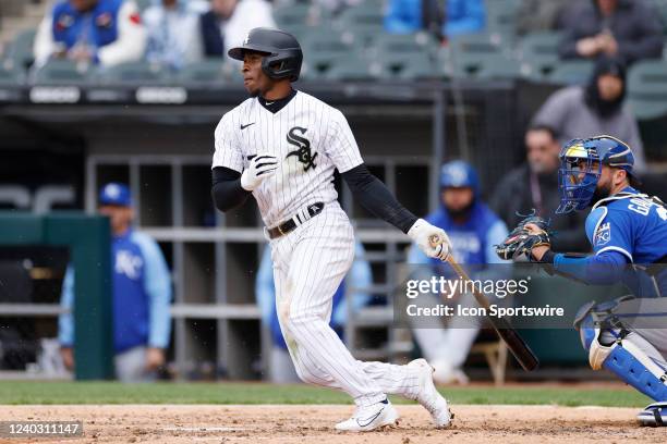 Chicago White Sox shortstop Tim Anderson grounds out in the sixth inning of an MLB game against the Kansas City Royals on April 28, 2022 at...