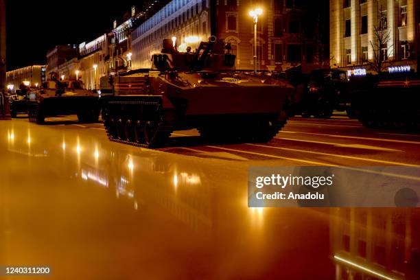 Russian military vehicles move along Tverskaya street during the rehearsal of Victory Day military parade marking the 77th anniversary of the victory...