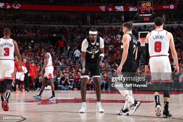 Bobby Portis of the Milwaukee Bucks dances during the game against the Chicago Bulls during Round 1 Game 3 of the 2022 NBA Playoffs on April 22, 2022...