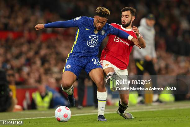 Reece James of Chelsea and Bruno Fernandes of Manchester United during the Premier League match between Manchester United and Chelsea at Old Trafford...