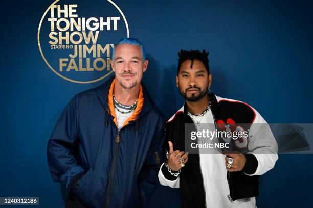 Episode 1642 -- Pictured: Musical guests Diplo and Miguel pose backstage on Thursday, April 28, 2022 --