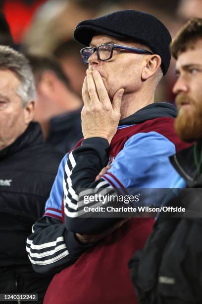 West Ham fan looks tense as West Ham trail by one goal during the UEFA Europa League Semi Final Leg One match between West Ham United and Eintracht...