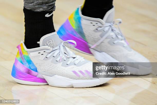 Detail view of Donovan Mitchell of the Utah Jazz's Adidas shoes before Game 6 of the Western Conference First Round Playoffs against the Dallas...