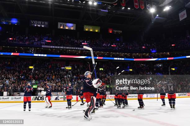 The Columbus Blue Jackets raise their sticks and salute the fans after a 5-2 win over the Tampa Bay Lightning at Nationwide Arena on April 28, 2022...