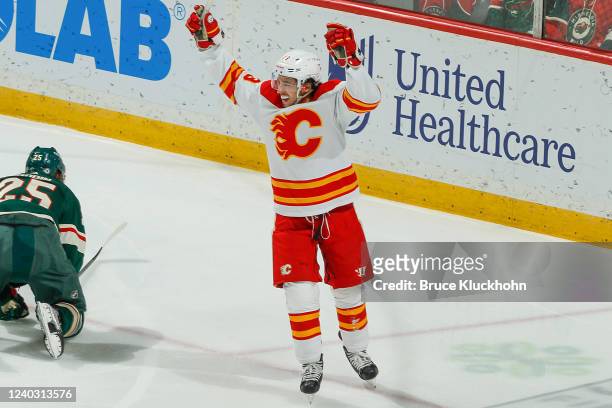 Johnny Gaudreau of the Calgary Flames celebrates his goal against the Minnesota Wild during the game at the Xcel Energy Center on April 28, 2022 in...