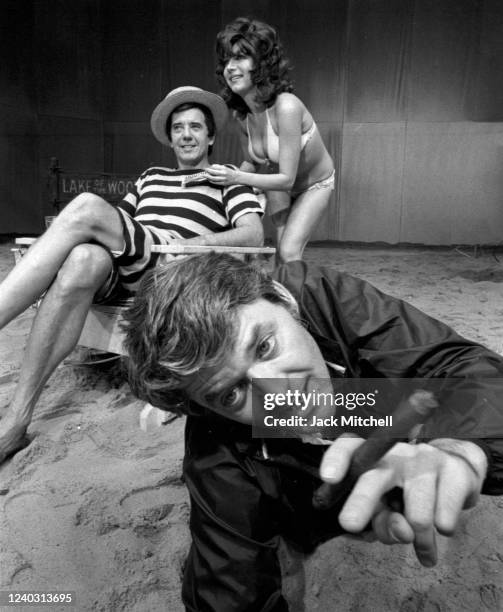 View of actors Hal Holbrook , Albert Paulsen, and Pamela Shaw in costume for one of a pair of Off-Broadway, one-act plays at the American Place...