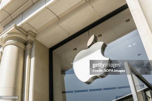 American multinational technology company Apple logo seen at its store entrance in Barcelona, Spain.