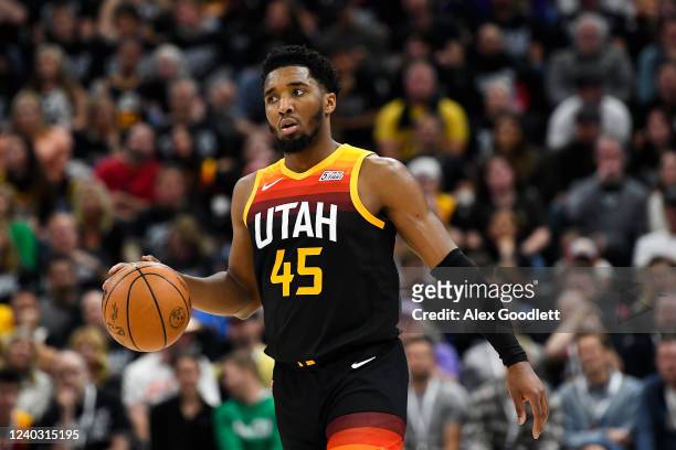 Donovan Mitchell of the Utah Jazz in action during the second half of Game 6 of the Western Conference First Round Playoffs against the Dallas...