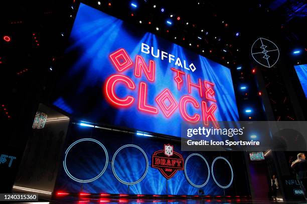 The Buffalo Bills are on the clock with the number 23 pick of the first round during the NFL Draft on April 28, 2022 in Las Vegas, Nevada.